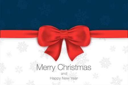 圣诞快乐, 新年愉快。蓝色和白色背景与红色弓和雪花。贺卡模板