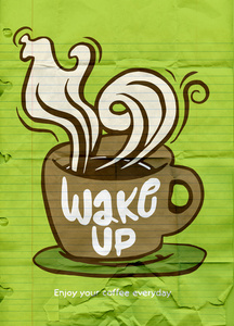 醒来。咖啡杯子形状上的字体设置。现代书法 st