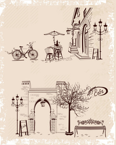 系列的背景装饰着旧镇意见和街头咖啡馆