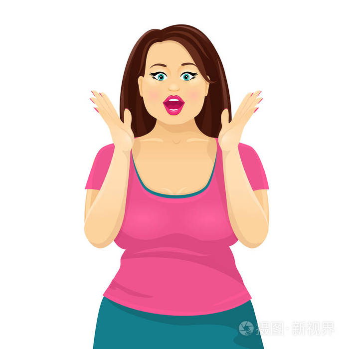 很惊讶有吸引力丰满黑发女人得张大了嘴巴.白色背景上的矢量卡通人物