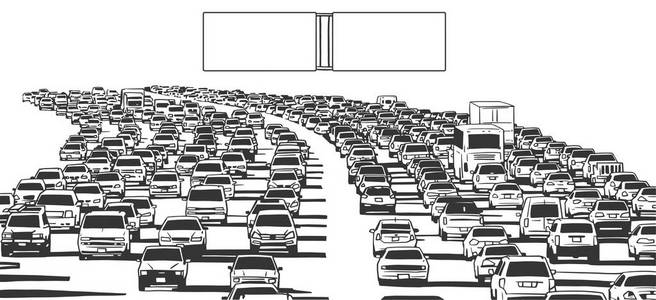 高速公路交通拥堵与黑白空白标志的图示