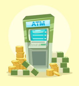 卡通 Atm 机用的钱。矢量平面插画图标