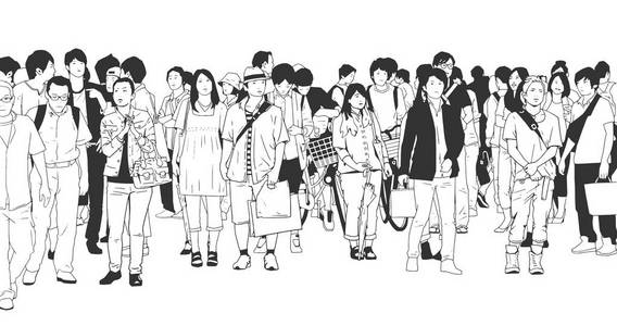 城市人群中的游客购物者工人和商人的黑白插图