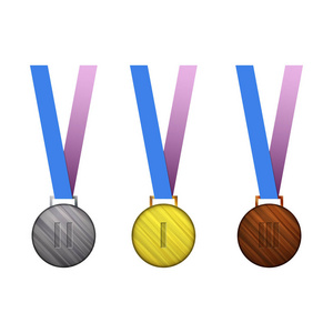 一套矢量奖牌。蓝色和粉红色缎带上的金, 银和铜牌。在白色背景上隔离