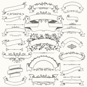 手绘花卉设计元素，彩带，横幅