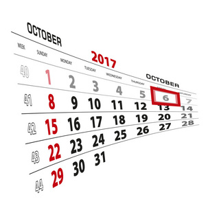 10 月 6 日，在 2017年日历上突出显示。周从星期日开始