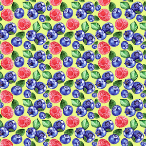 蓝莓, 覆盆子, strowberry 无缝图案。水彩