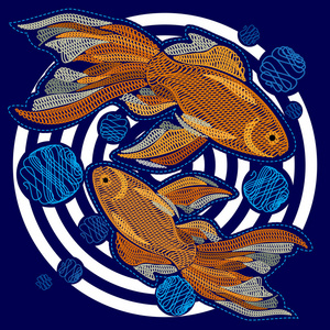 刺绣的海洋生物。绣金鱼。矢量插图