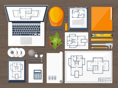 矢量图。工程和建筑。绘图 施工。建筑项目。设计素描。工作区的工具。规划 建筑