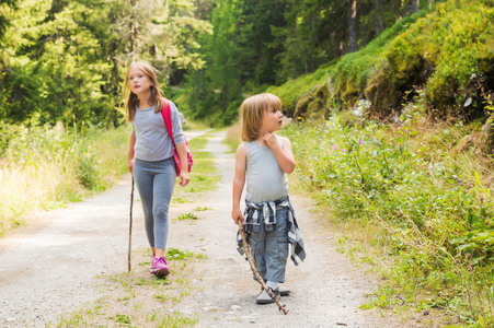 两个可爱的孩子在森林里徒步旅行
