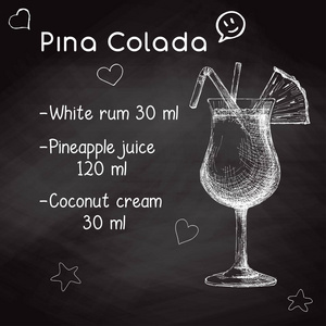 简单的食谱简单的食谱为含酒精的鸡尾酒椰林飘香.画在黑板上的粉笔.