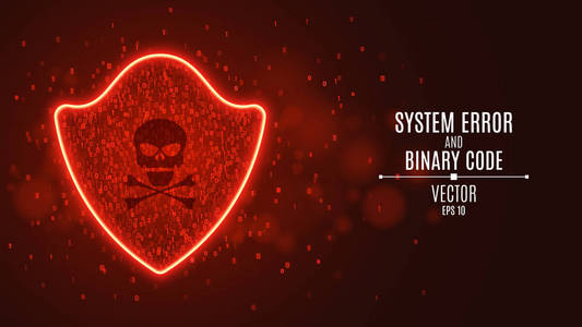 高科技电脑概念.红色发光霓虹灯的盾牌从二进制代码.系统正受到威胁.