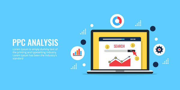 Ppc 分析, 搜索营销, 按点击付费, 数据, 分析, 信息, sem 概念。平面设计矢量营销横幅