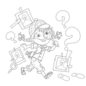 卡通女侦探与百叶窗的着色页轮廓照片