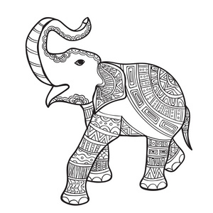 黑色民族黑色和白色的大象涂鸦与民族图案打印照片