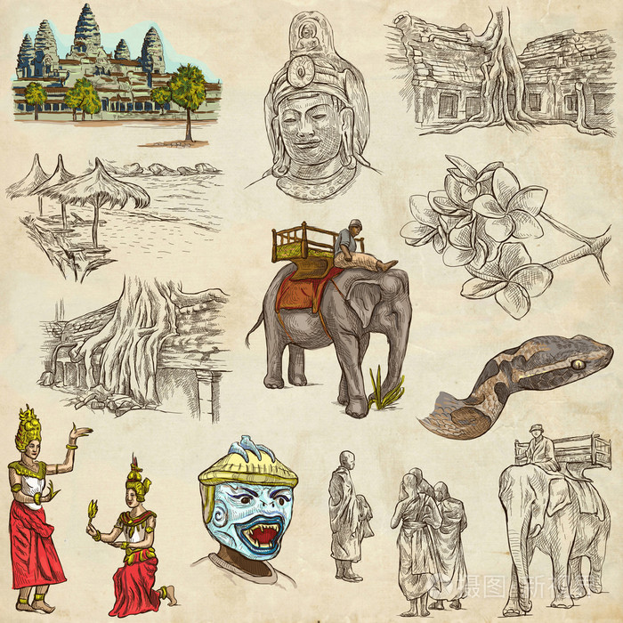 柬埔寨手绘插图。Frehand 包