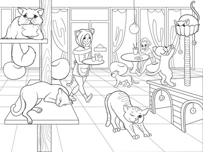 宠物店,猫的咖啡馆概念猫咪咖啡馆图形矢量一只猫的茶话会.