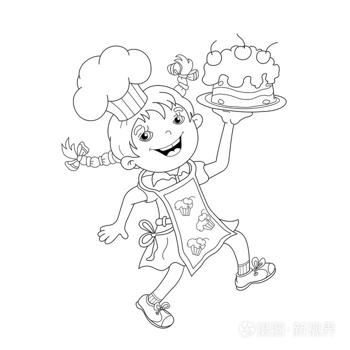 卡通女厨师配蛋糕的着色页轮廓