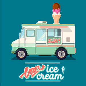 矢量图的多彩冰淇淋复古冰激凌车