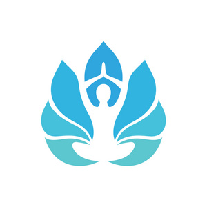 在抽象莲花象征的程式化的人类瑜伽形状.矢量图标照片