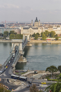 在匈牙利，布达佩斯的链桥的上方视图