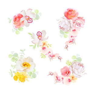 甜甜花束矢量设计对象。兰花，玫瑰，p