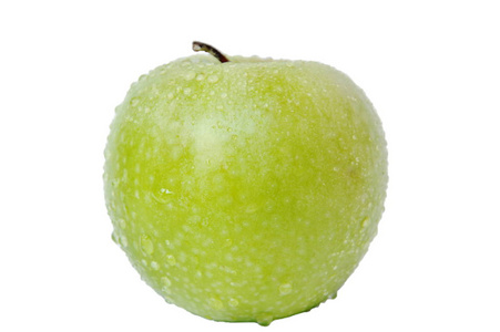 绿色苹果与水下落在白色背景