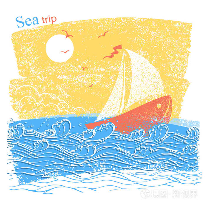 蓝色海背景与船.海 landsc 的矢量图解