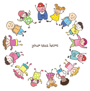 可爱的卡通儿童框架卡通快乐的孩子们团结四个不同种族的孩子牵手