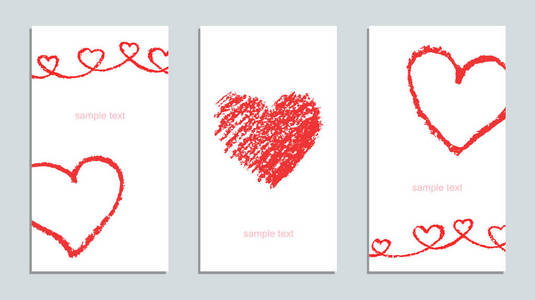 一套蜡蜡笔手绘贺卡与情人节的爱心在白色。儿童绘画粉彩粉笔线艺术背景。红色设计元素, 矢量