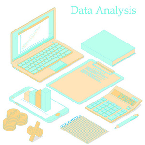 数据分析。 平坦等距。 明亮的橙色和绿松石。