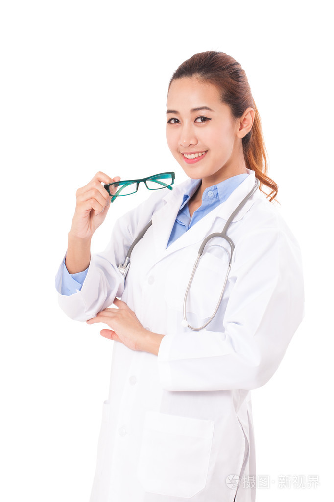 美丽的快乐女医生带着眼镜的肖像
