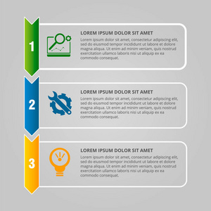 现代矢量插图。带有三元素的信息模板, 矩形的箭头和百分比。逐步。专为商务演示网页设计图3步骤设计