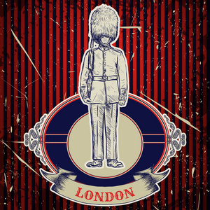 老式的海报与皇家英国伦敦站岗垃圾背景。素描风格复古手绘矢量图
