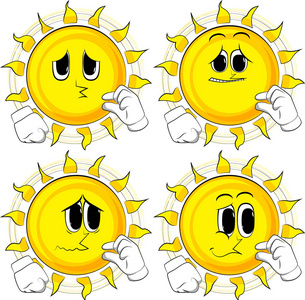 比大小卡通太阳用手比划着一小笔.收集与悲伤的面孔.表达式向量集照片