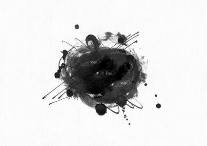 大颗粒状抽象插图带黑色墨水圆圈,手绘与画笔和液体油墨水彩纸上.