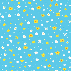 雏菊花与洋甘菊花的蓝色无缝装饰元素图案设计