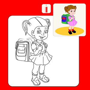 图画书。着色与卡通矢量插图的书页。可爱棕色头发的女孩挎包与胳膊走路上学
