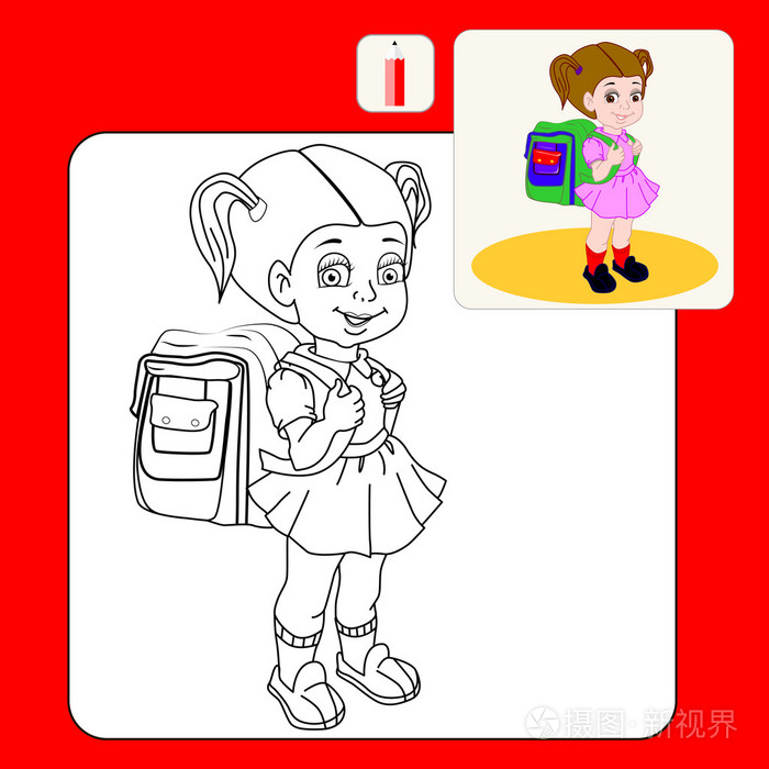 可爱棕色头发的女孩挎包与胳膊走路上学插画-正版商用图片0enzrt-摄图