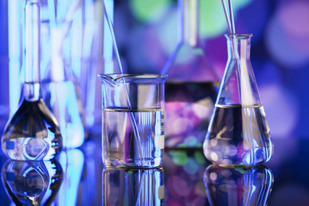 科学实验概念与散背景, 实验室烧杯照片