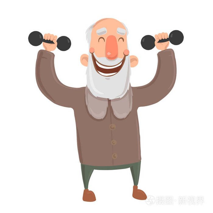 带着哑铃的满脸胡子的老头活跃老人锻炼卡通人物矢量插图白色背景上的