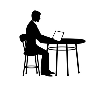 生意人坐在桌与计算机。矢量插图