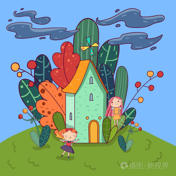 屋顶上有风车的童话房子, 在他身后有不同的树的森林.