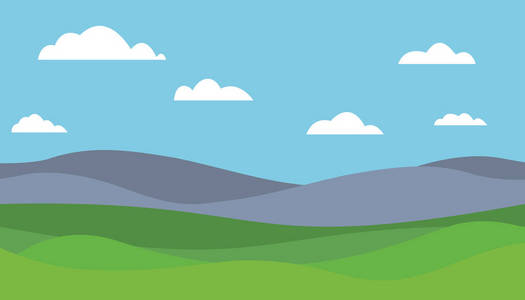 卡通多彩矢量平面插画的山风景用在蓝天白云下的草地上照片
