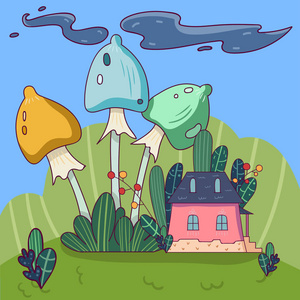 小粉红色的童话房子周围的绿色森林和大蘑菇花园.美丽的风景.