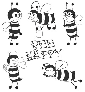 卡通蜜蜂黑色矢量插图集