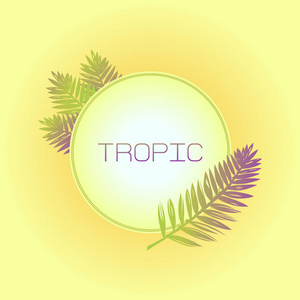 与棕榈树枝在黄色背景上的圆框。热带的背景。横幅。邀请。矢量图