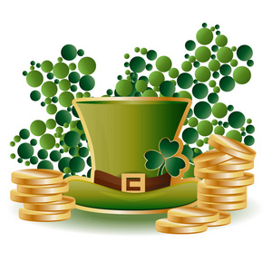 St. 帕特里克的卡与两个绿叶三叶草组成的圆圈, 绿色的帽子和成堆的金币