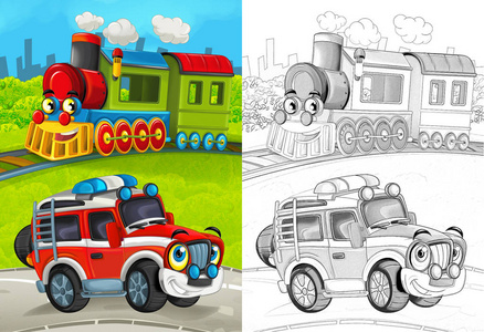 卡通场面与愉快的消防队员汽车在路和训练与着色页例证为孩子