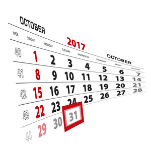 10 月 31 日，在 2017年日历上突出显示。周从星期日开始